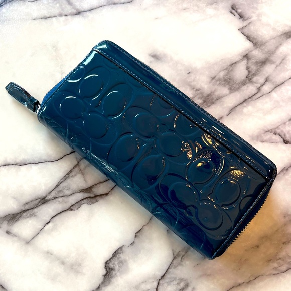 Coach Patent Embossed Monogram Logo Sapphire Blue Zip Around Wallet - Picture 2 of 10